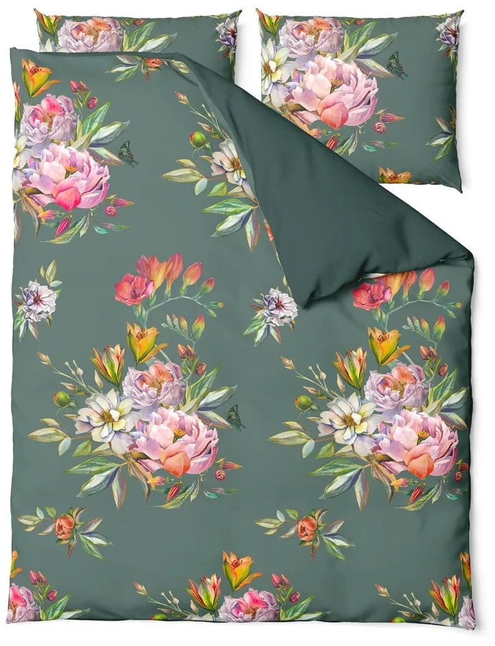 Tmavozelené obliečky na dvojlôžko z bavlneného saténu Bonami Selection Floret, 160 x 220 cm