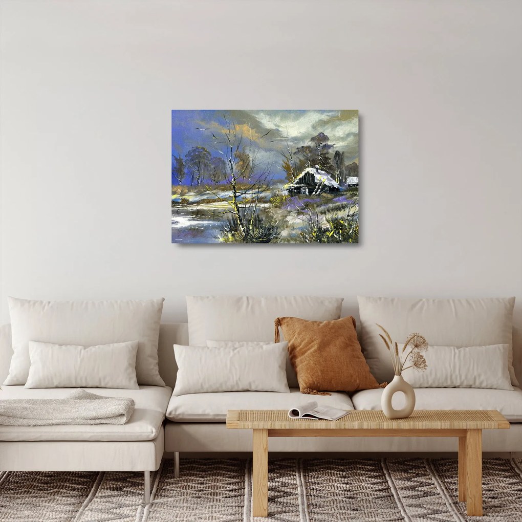 Sklenený obraz chalúpky v zimnej krajine, olejomaľba (70x50 cm)