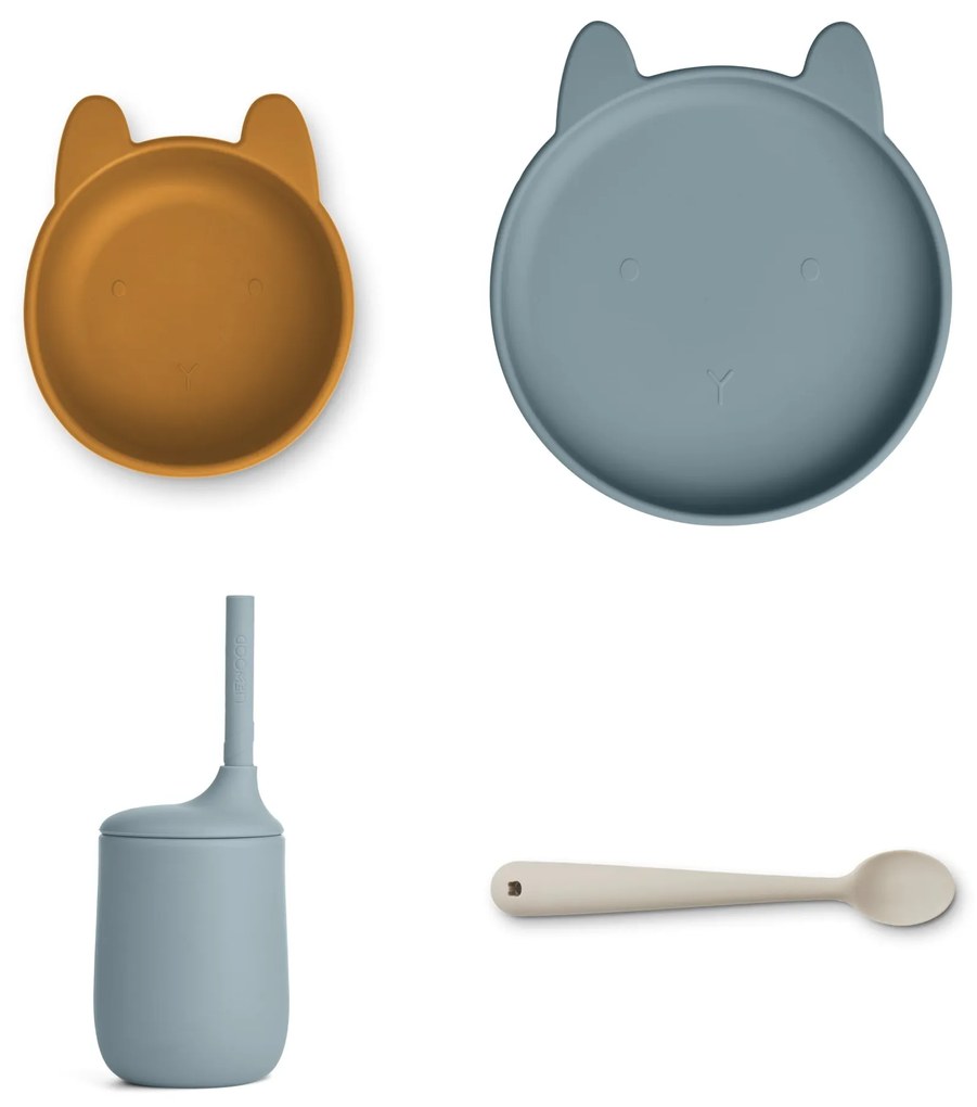 LIEWOOD Silikónový jedálenský set Rabbit/Whale blue multi mix – set 4 ks