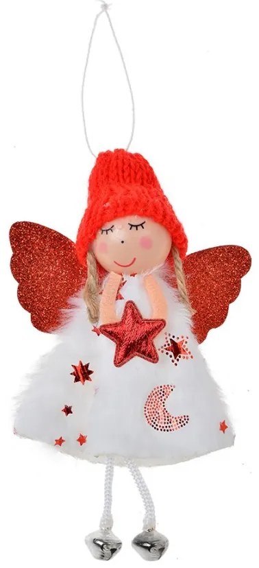 Bielo-červená látková závesná dekorácia anjel s hviezdičkou - 8*3*15 cm