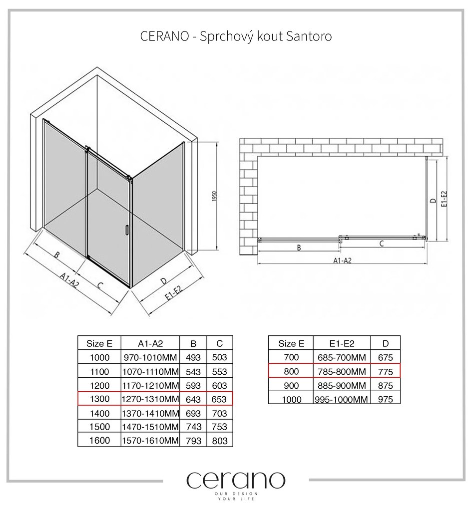 CERANO - Sprchovací kút Santoro Ľ/P - 8 mm - chróm, transparentné sklo - 130x80 cm - posuvný, CER-CER-8050BD7359