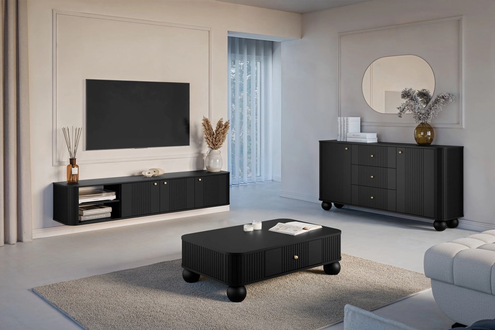 Čierna visiací RTV skrinka Vesper 187 cm s tromi dverami - zlaté úchyty