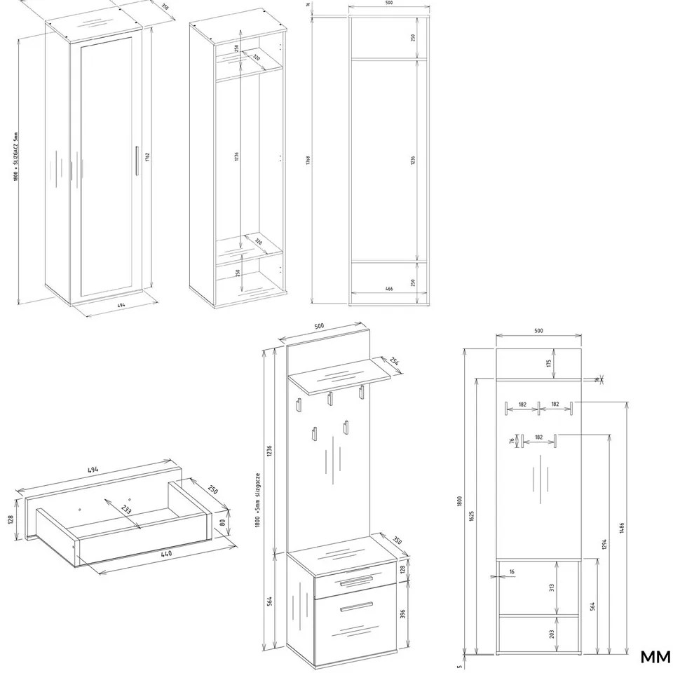Predsieňová stena so zrkadlom a šuplíkmi DUO dub artisan/antracit