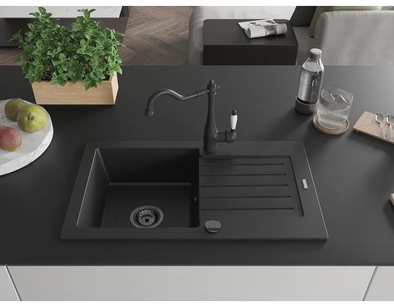 Mexen Pablo, granitový drez 752x436x161 mm, 1-komorový a drezová batéria Carla, čierna, 6510-77-670700-70-B