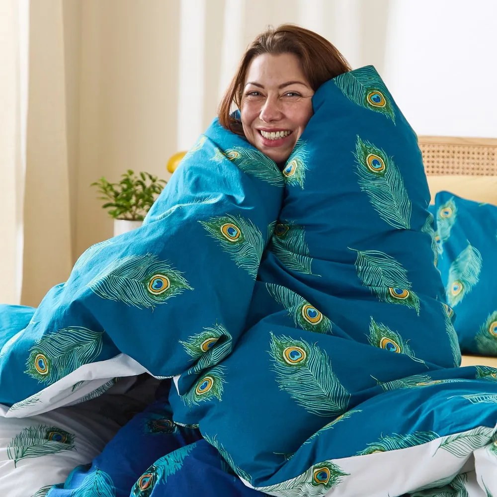 Biele/zelenomodré bavlnené obliečky na dvojlôžko 200x200 cm Peacock Feather – Their Nibs