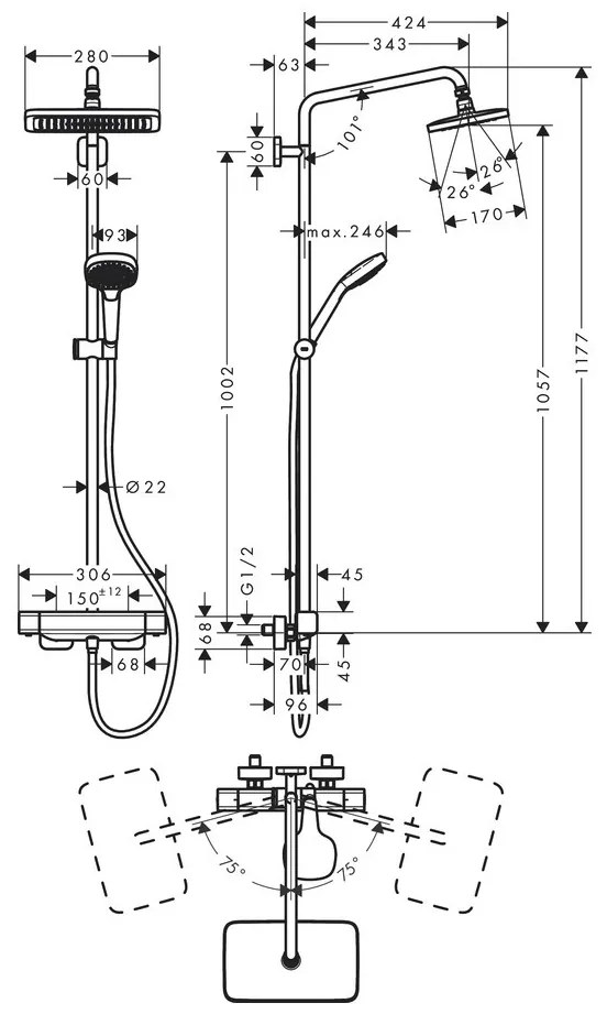Hansgrohe Croma E, Showerpipe 280 1jet EcoSmart so sprchovým termostatom, chrómová, HAN-27660000