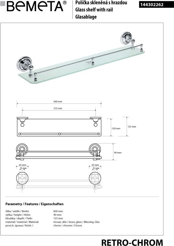 Bemeta Design RETRO chróm: Polička, 600 mm, s hrazdou, sklo - 144302262