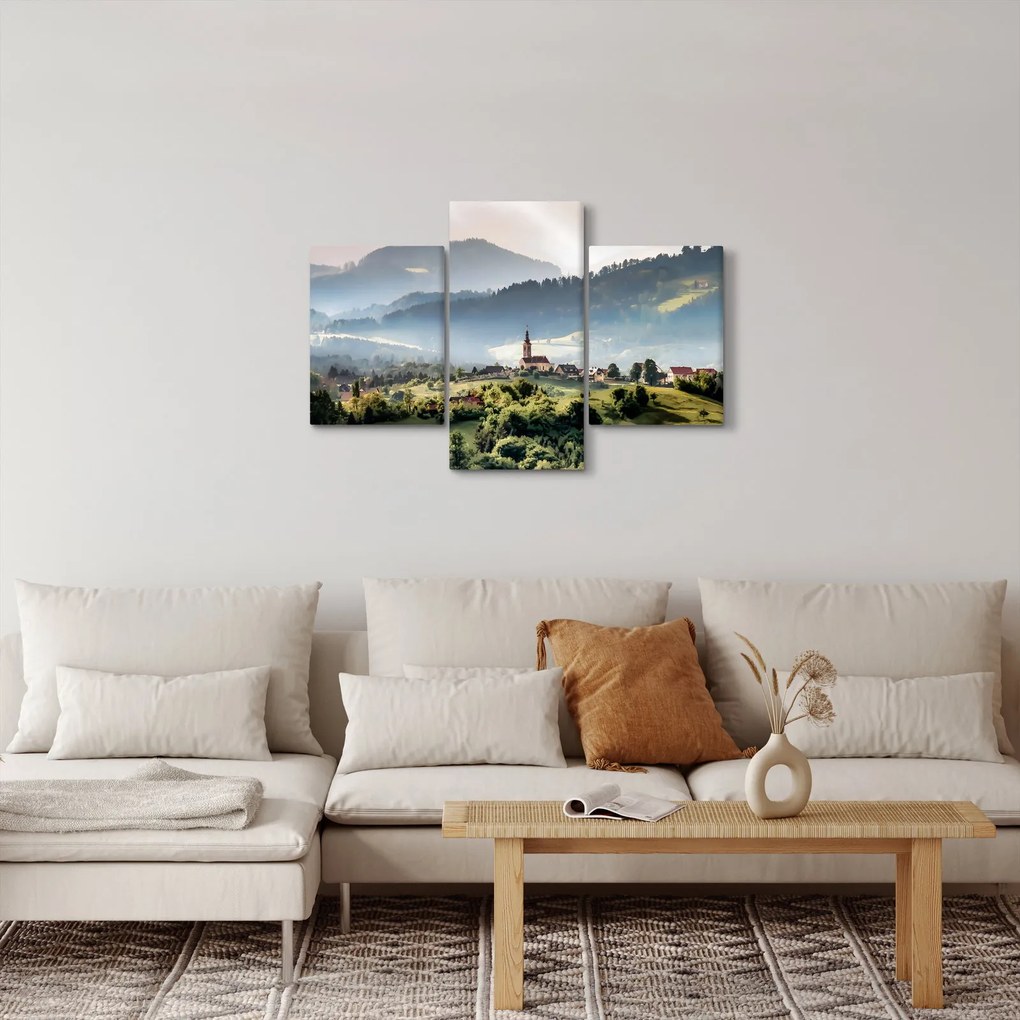 Obraz - dedinka v hmle (90x60 cm)