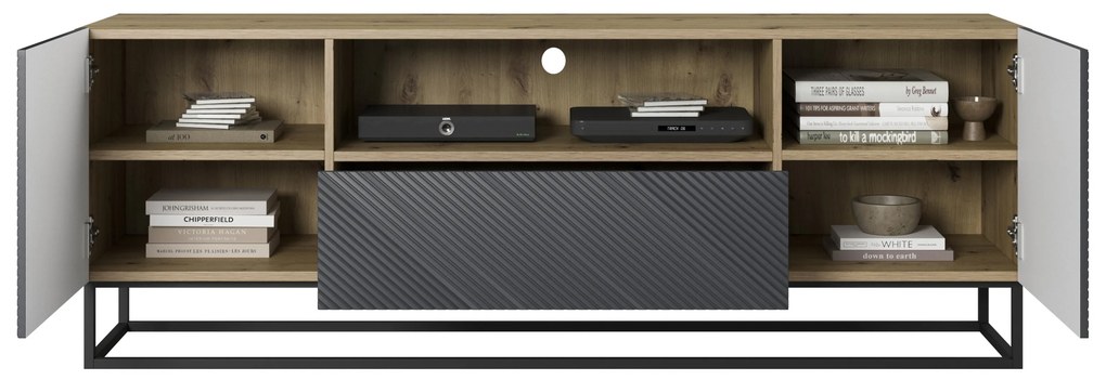 TV stolík Asha 167 cm so zásuvkou a kovovou podnožou - artisan / rivier stone mat