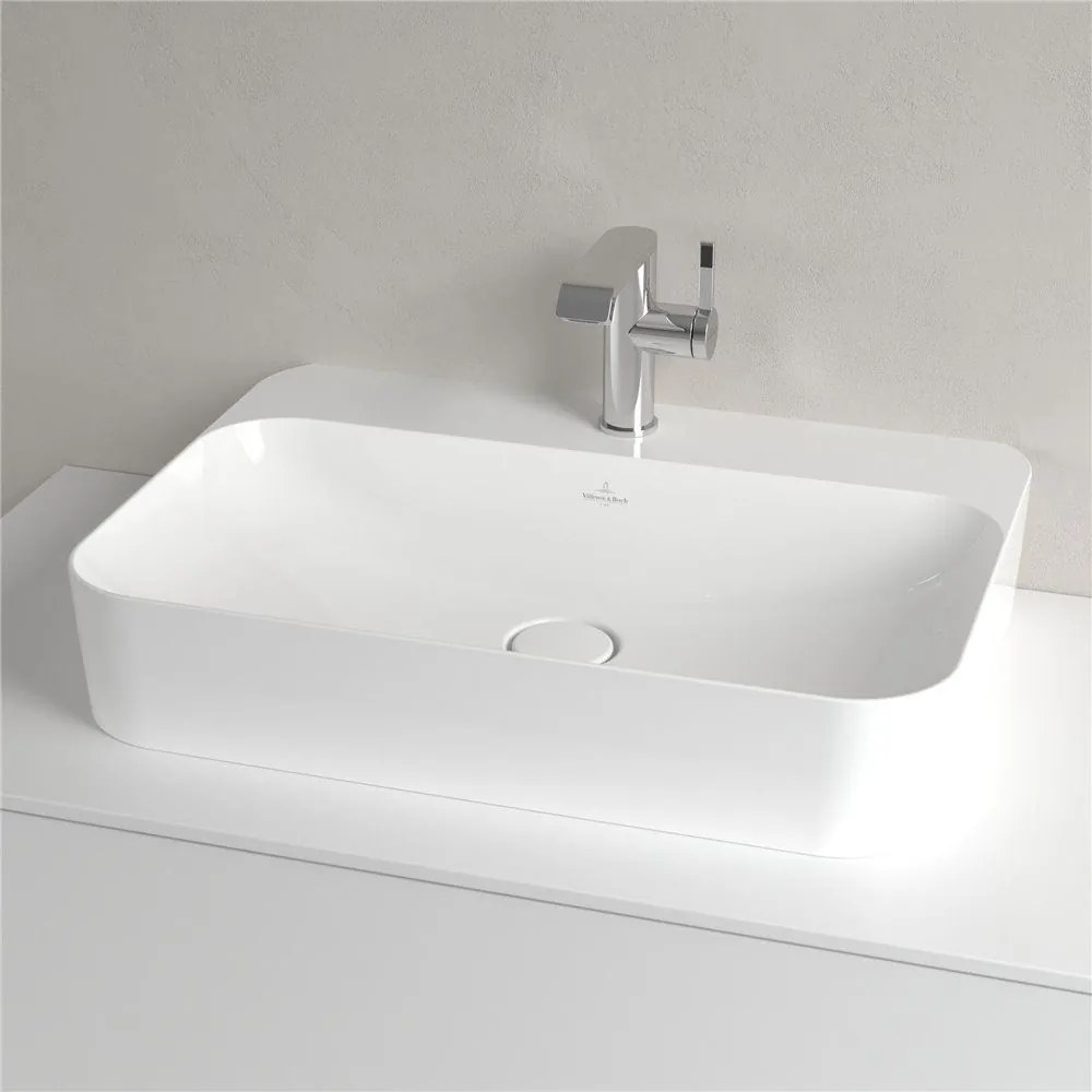 VILLEROY &amp; BOCH Finion obdĺžnikové umývadlo na dosku s otvorom, bez prepadu, 600 x 445 mm, biela alpská, s povrchom CeramicPlus, 414261R1