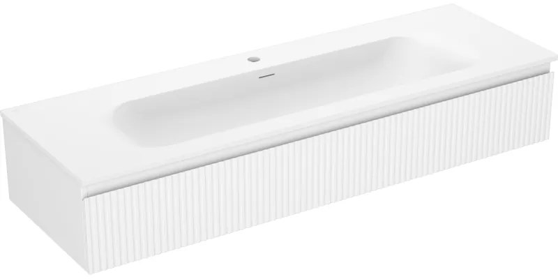 Mexen Rivel, kúpeľňová skrinka 140 cm s umývadlom Vela, 1 zásuvka, drážkovaná, biela matná, 91A20-14023-1-BF01-W23M01