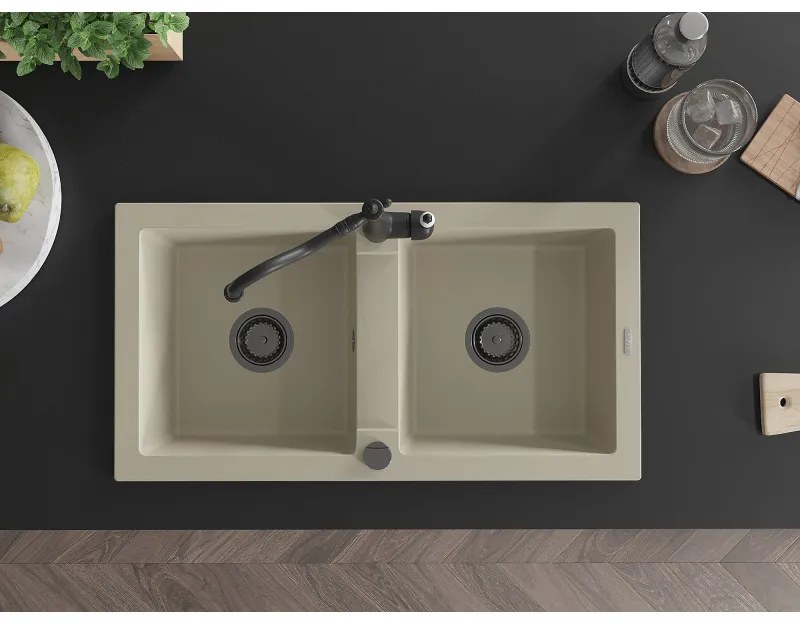 Mexen Mario, granitový drez 820x436x161 mm, 2-komorový a drezová batéria Carla, béžová, 6504-69-670700-70