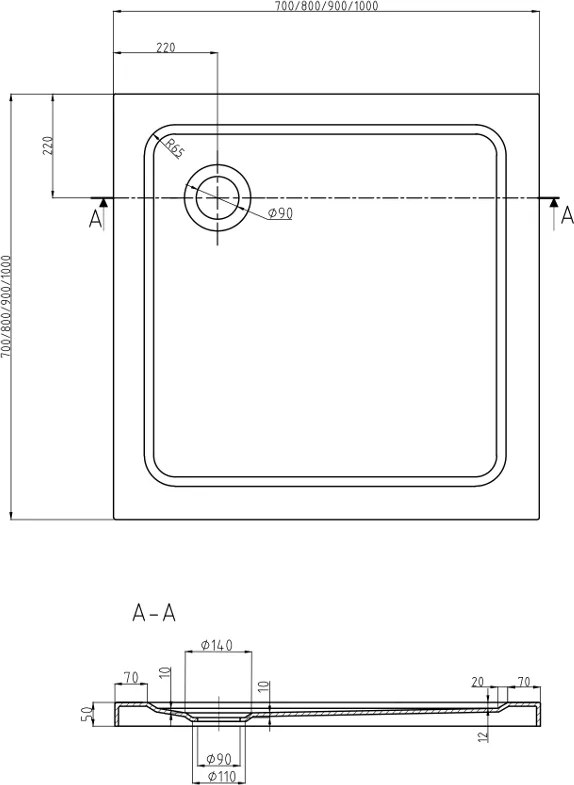 Mexen Slim, štvorcová sprchová vanička 90x90x5 cm + sifón, biela, 40109090