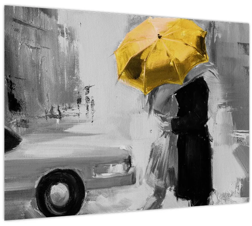 Obraz - Zamilovaný pár pod dáždnikom, žltý (70x50 cm)