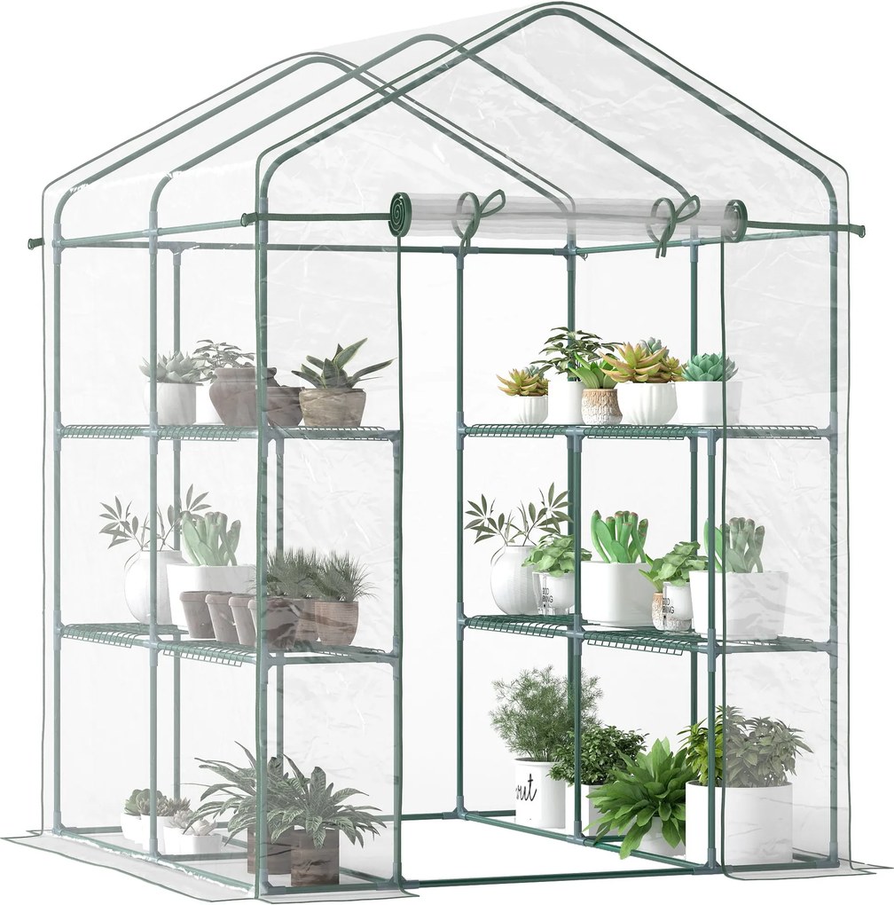 Outsunny PVC plastová skleníková záhrada s 6 regálmi, priesvitný oceľový rám, 143 x 143 x 195 cm | Aosom