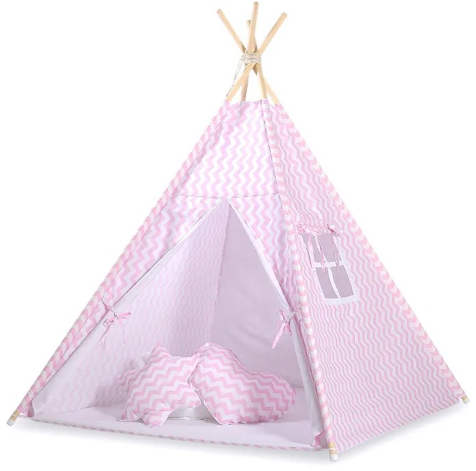 Bobono Stan Teepee pre deti + podložka na hranie + dekoratívne pierka - Chevron pink