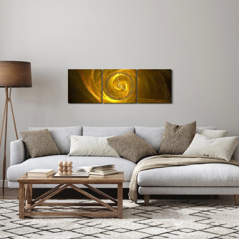 Obraz abstraktnej žltej špirály (s hodinami) (90x30 cm)