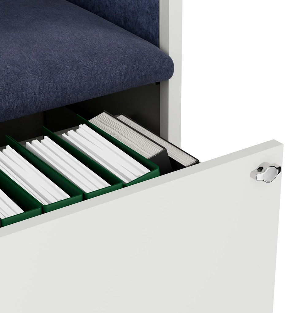 Kancelárska akustická kabína so sedadlom a portom USB-C, telo v biely / sedák tmavomodrá v zelenej farbe, 1150 mm: SALLY MentalBox