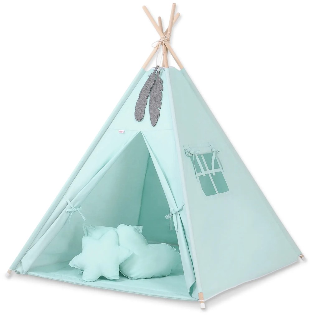 Bobono Stan Teepee pre deti + hracia podložka + vankúše + ozdobné perie - mätová