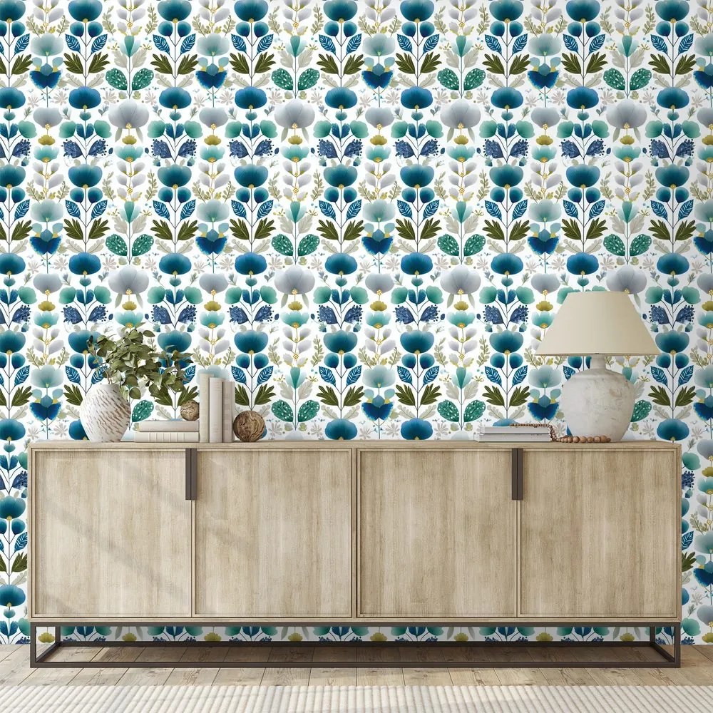 Tapeta modré kvety na bielom pozadí