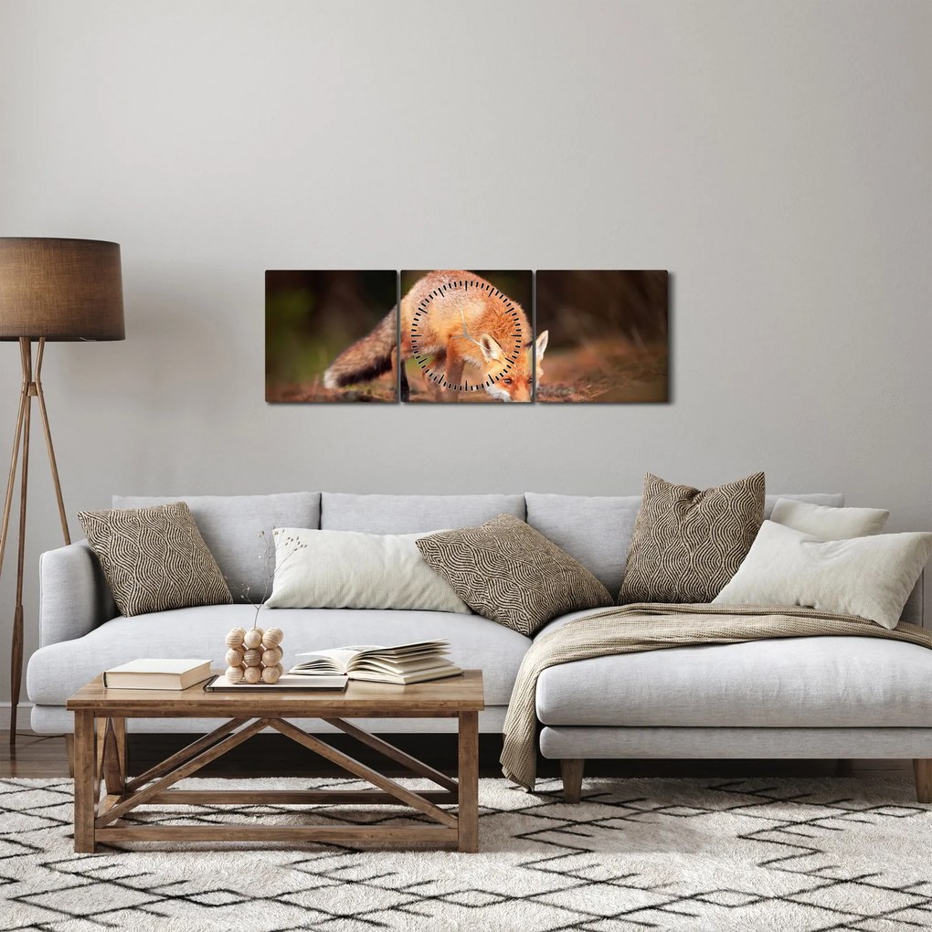 Obraz - Lišiak v lese (s hodinami) (90x30 cm)