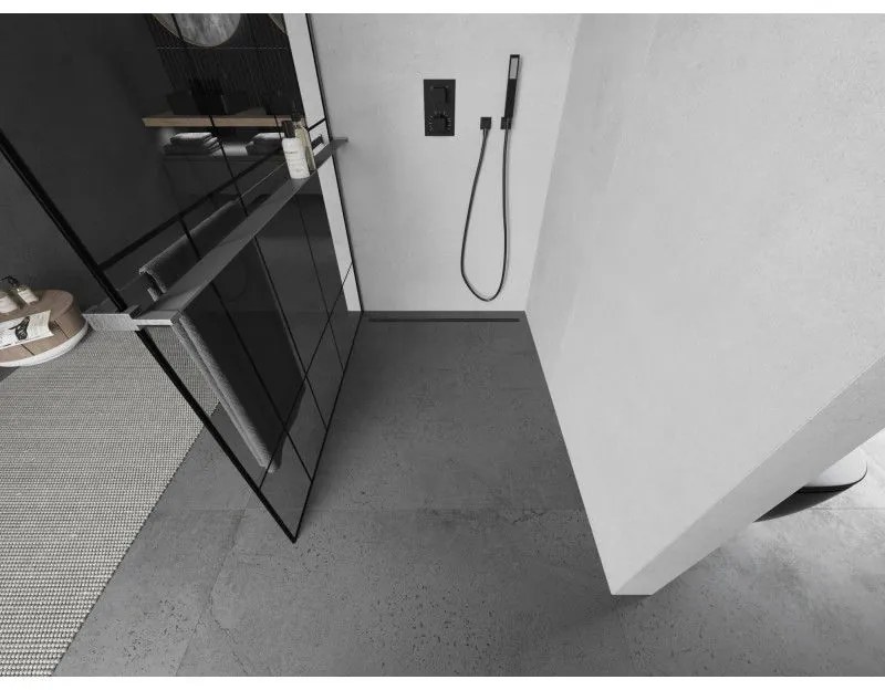 Mexen Kioto+ L, sprchová zástena Walk-In s poličkou a vešiakom 100 x 200 cm, 8mm číre sklo čierny vzor, grafitový profil, 800-100-123-66-78