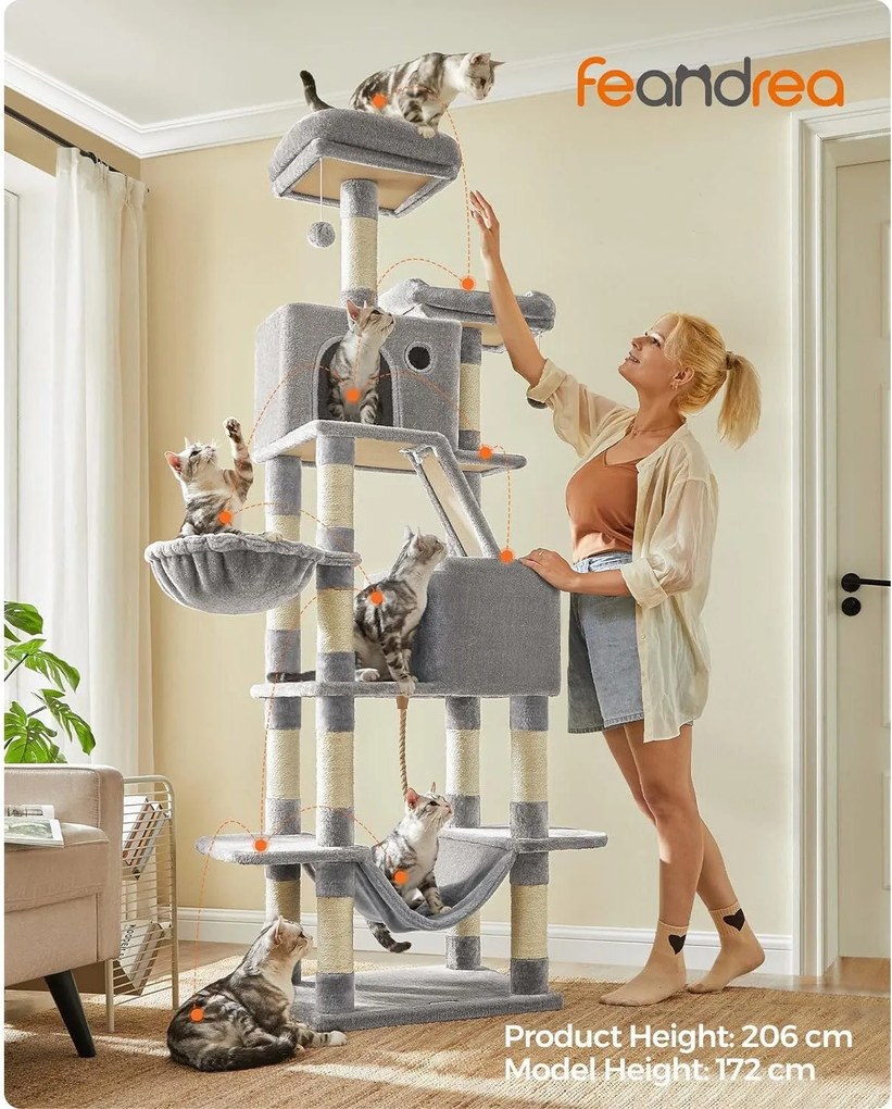 Mačací strom, škrabadlo pre mačky, výška 206 cm, svetlosivá farba