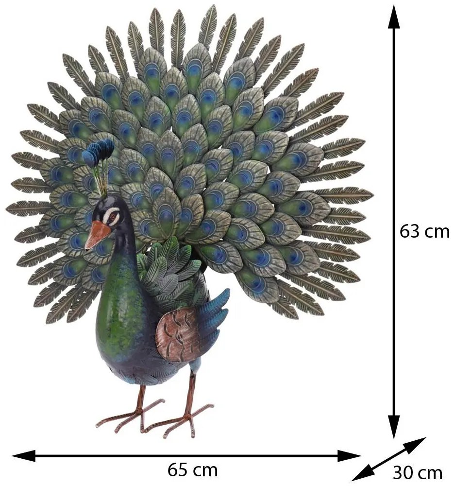 Záhradná kovová figúrka Peacock, 63x65 cm, viacfarebná