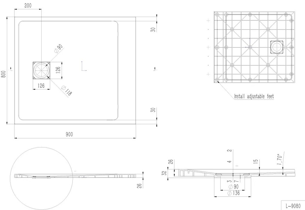 Erga Hyper, SMC sprchová vanička 90x80x2,6 cm + sifón, šedá matná, ERG-V06-SMC-8090S-GR