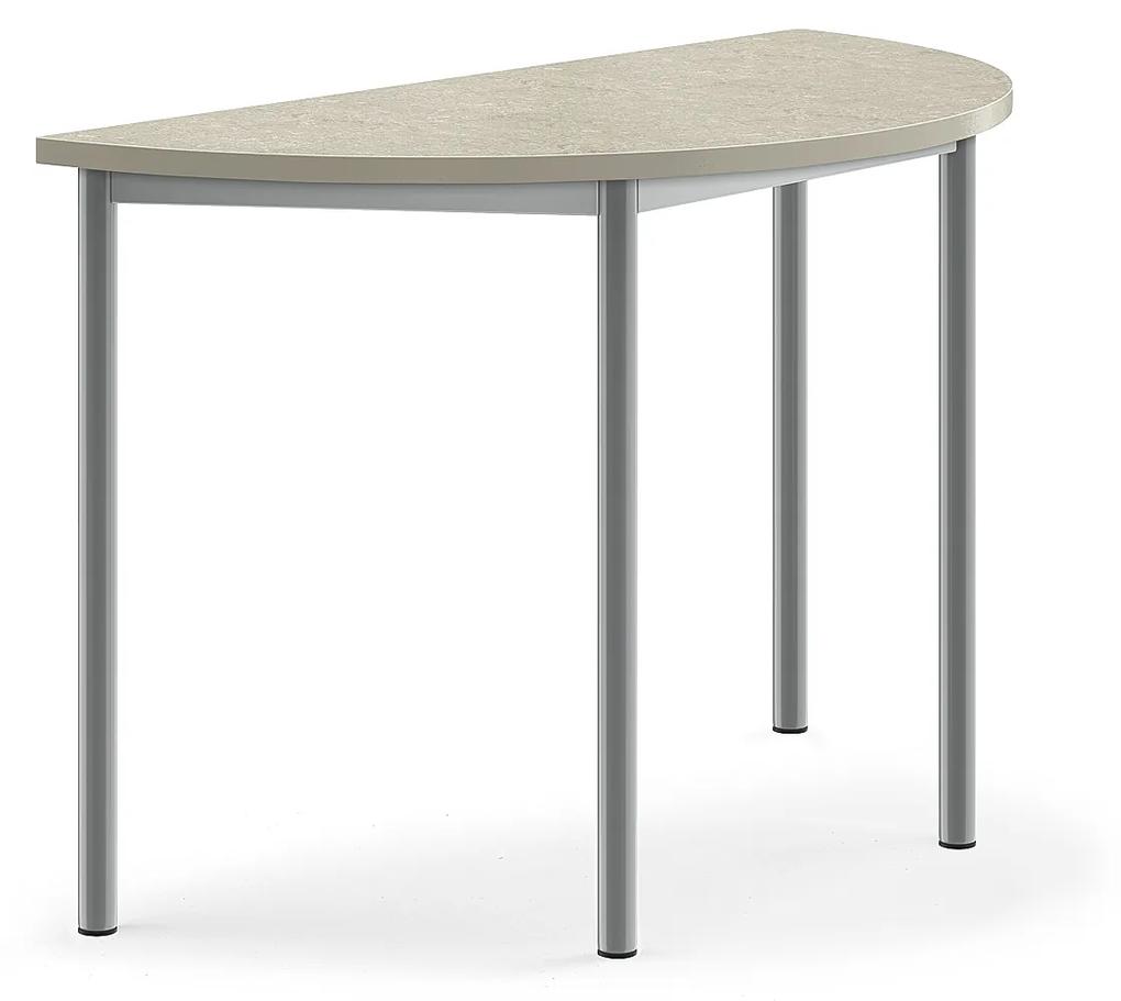 Stôl SONITUS, polkruh, 1200x600x760 mm, linoleum - svetlošedá, strieborná