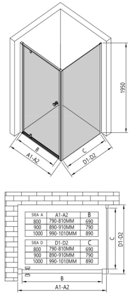 Erga Sydney, sprchový kút s 1-krídlovými dverami 100(dvere) x 80(stena) x 195 cm, 6mm číre sklo, čierny profil, ERG-V02-SYDNEY-D100G080-BK