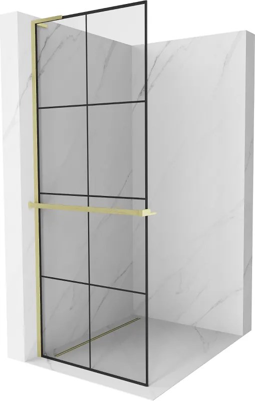 Mexen Kioto+ L, sprchová zástena Walk-In s poličkou a vešiakom 80 x 200 cm, 8mm číre sklo čierny vzor, zlatý matný profil, 800-080-123-55-77