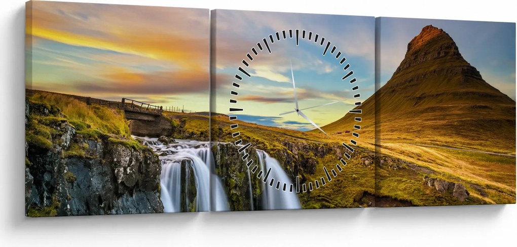 Obraz hory a vodopádov na Islande (s hodinami) (90x30 cm)