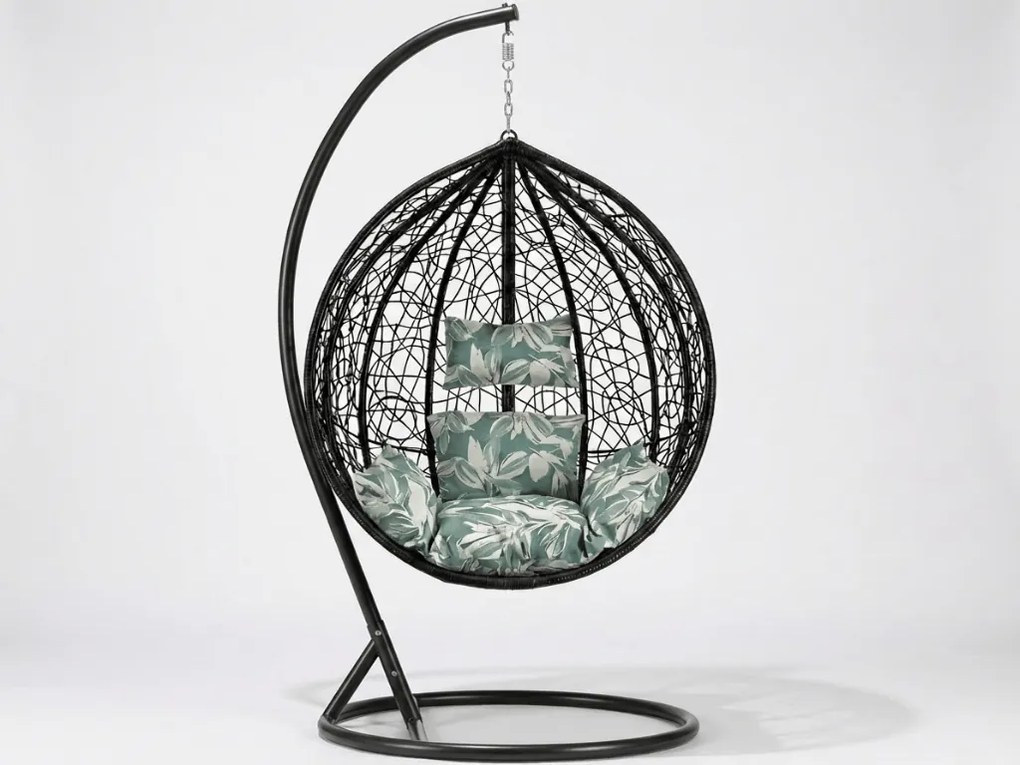 Čierne závesné kreslo KOKON so stojanom, zeleno-biely vankúš