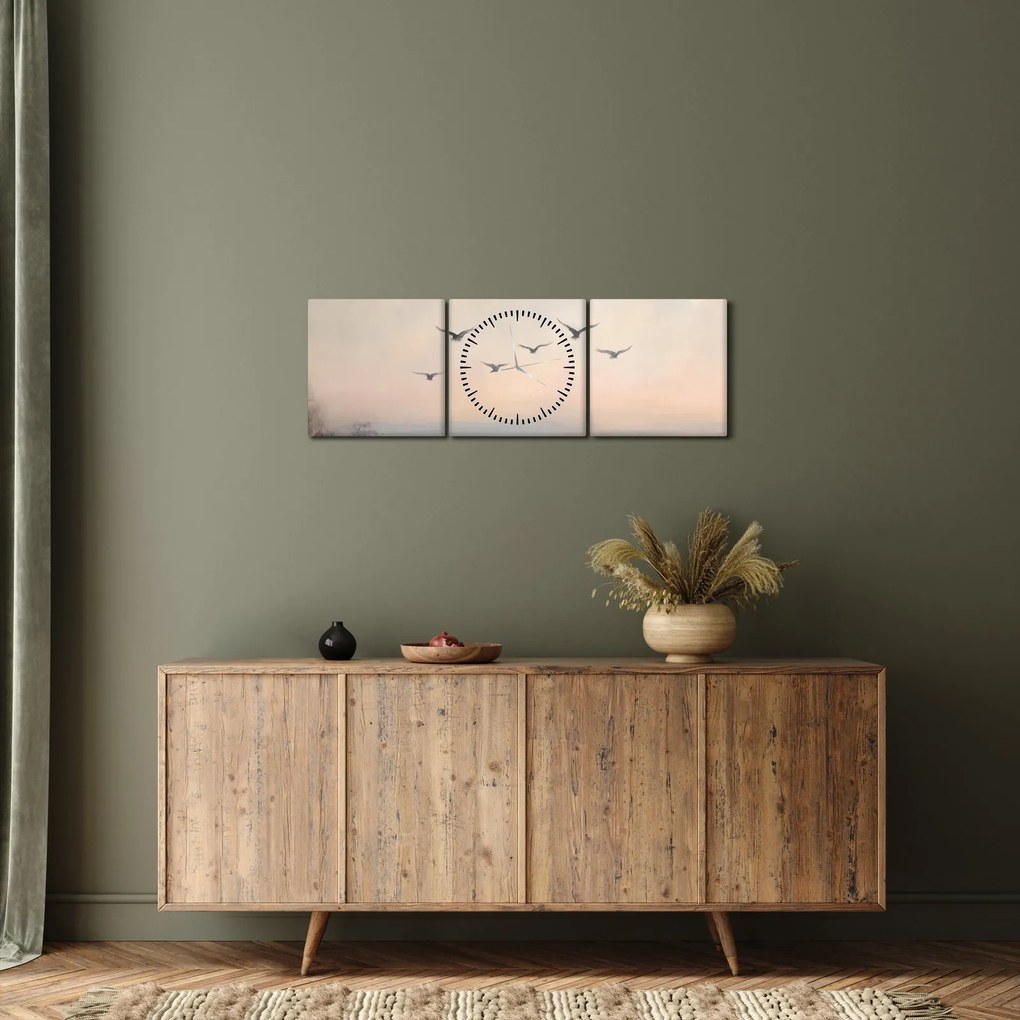 Obraz - Hejno vtákov (s hodinami) (90x30 cm)