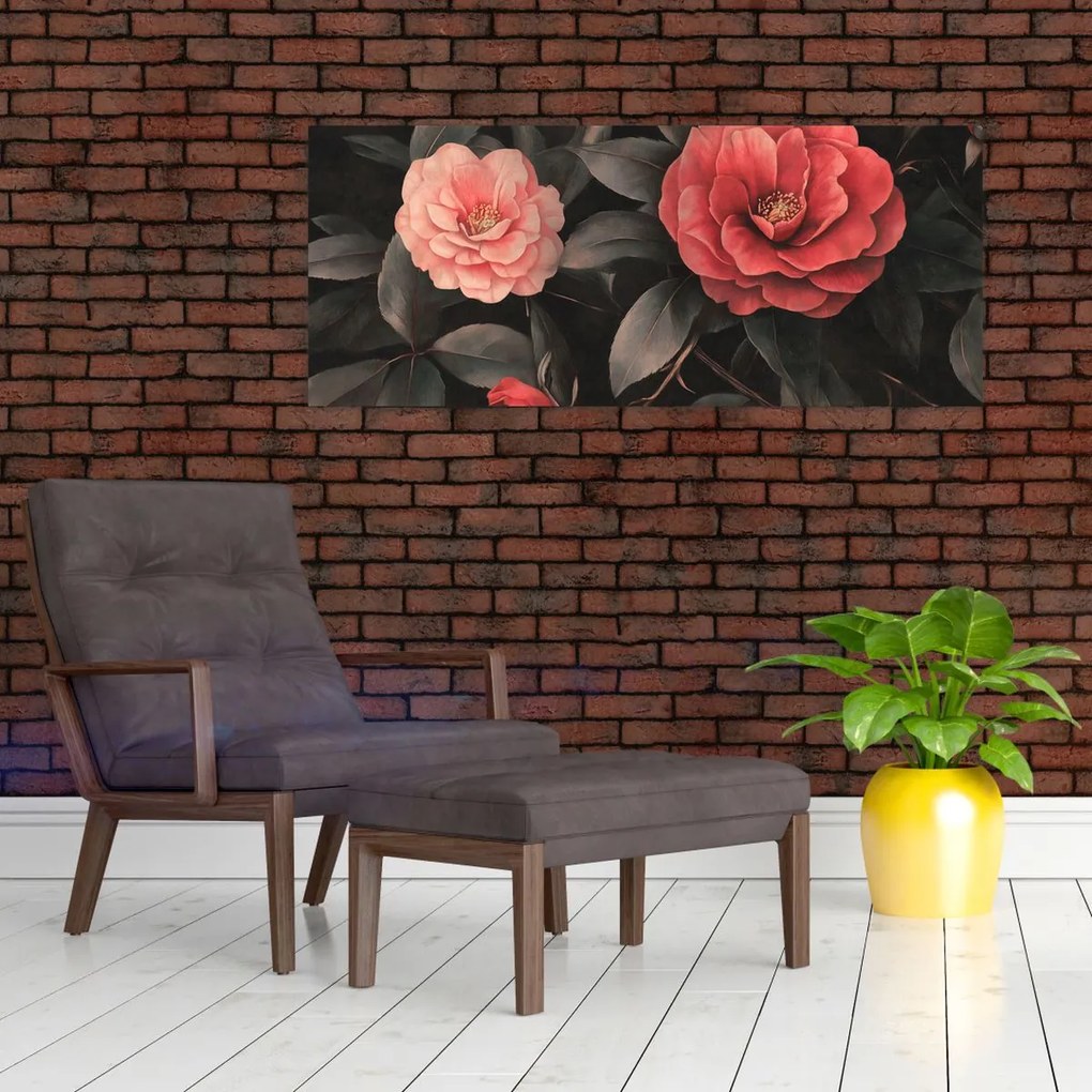 Obraz - Červené kvety na tmavom pozadí (120x50 cm)