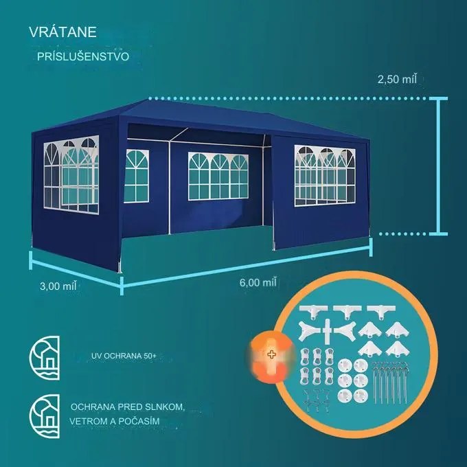 InternetovaZahrada Párty stan Rimini 3x6 m - bočné steny + oblúkové okná - modrá