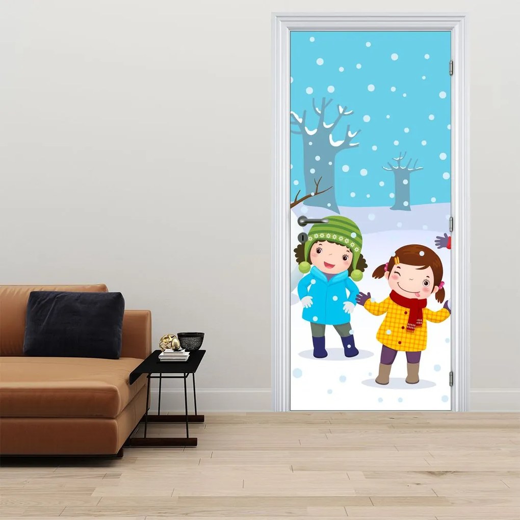 Fototapeta na dvere - Zimné detské radovánky (95x205cm)