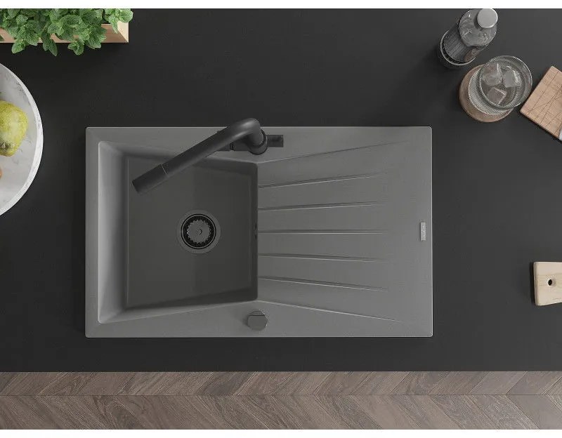 Mexen Cesar, granitový drez 775x470x190 mm, 1-komorový a čierna matná batéria Duero, šedá, 6514-71-671600-70-B