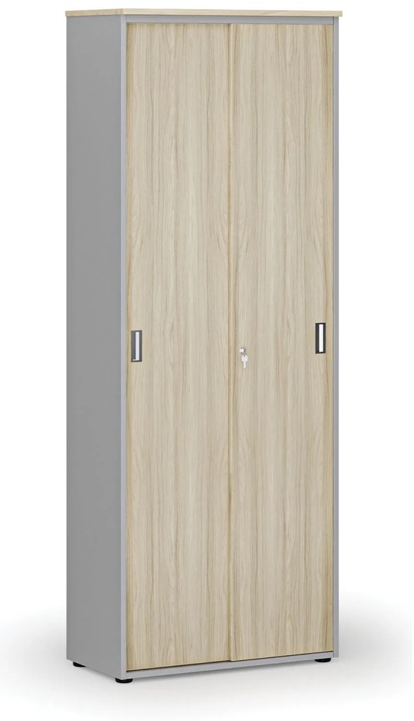 Kancelárska skriňa so zasúvacími dverami, 800 x 420 x 2128 mm, sivá/dub prírodný