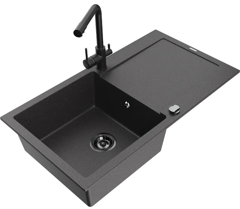 Mexen Leo, drez granitový 900x500x190 mm, 1-komorový a čierna batéria Duero, čierna škvrnitá, 6501-76-671600-70-B