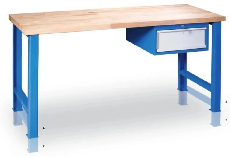 Výškovo nastaviteľný pracovný stôl GD so závesným boxom na náradie, buková škárovka, 1 zásuvka, 1200 x 685 x 850 - 1050 mm, modrá