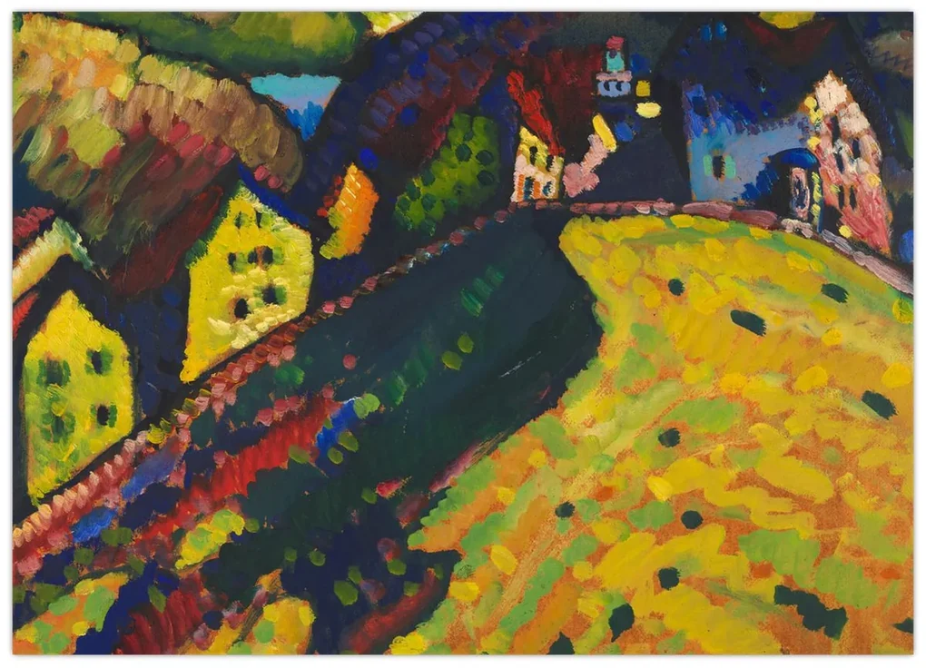 Sklenený obraz - Vasily Kandinsky, Houses at Murnau, reprodukcia (70x50 cm)