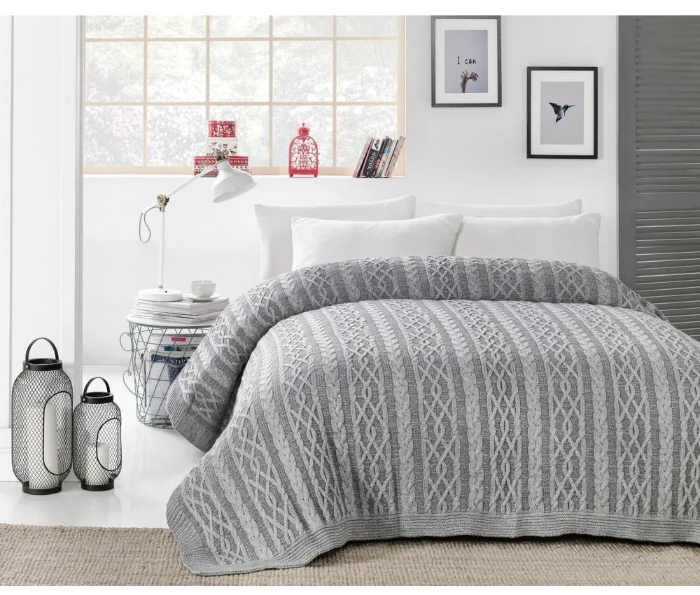 Sivá prikrývka cez posteľ Knit, 220 x 240 cm