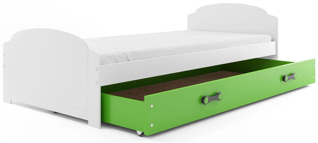 Interbeds Jednolôžková posteľ Lili2 biela pre teenagerov 200x90 s matracom a šuplíkom - zelená