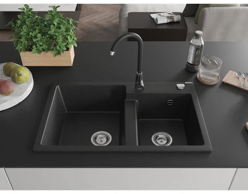 Mexen Tomas, granitový drez 800x500x190 mm, 2-komorový a čierna batéria Telma, čierna-strieborná metalíza, 6516-73-670200-70
