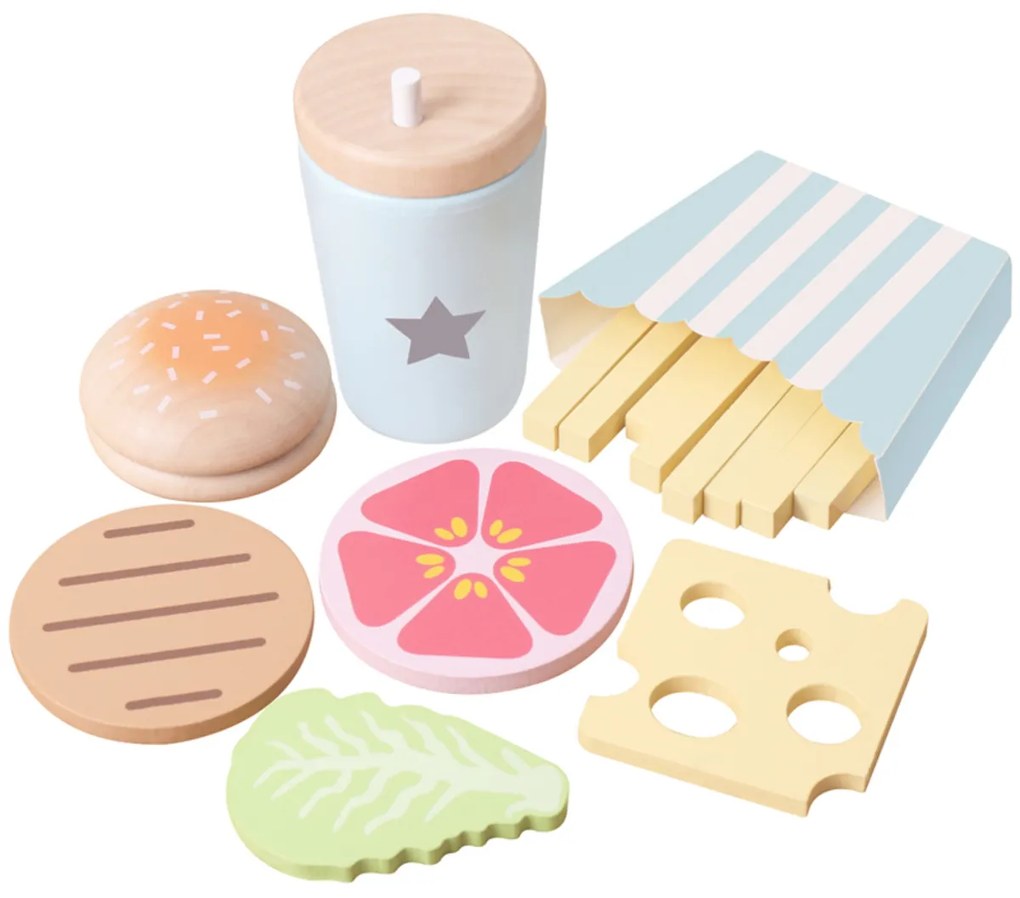 Drevená sada potravín Rýchle občerstvenie - Hamburger a hranolky