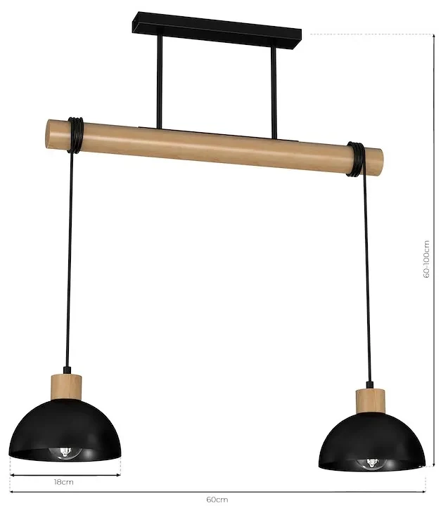 Závesné svietidlo Erik, 2x čierne kovové tienidlo, b/drevo