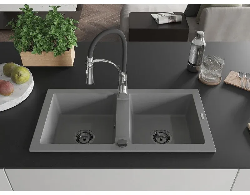 Mexen Mario, granitový drez 820x436x161 mm, 2-komorový a drezová batéria Aster, šedá, 6504-71-73450-07-B