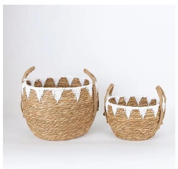 SADA 2x Slamený košík béžová/biela 32x16,5x18/24x23,5x26 cm